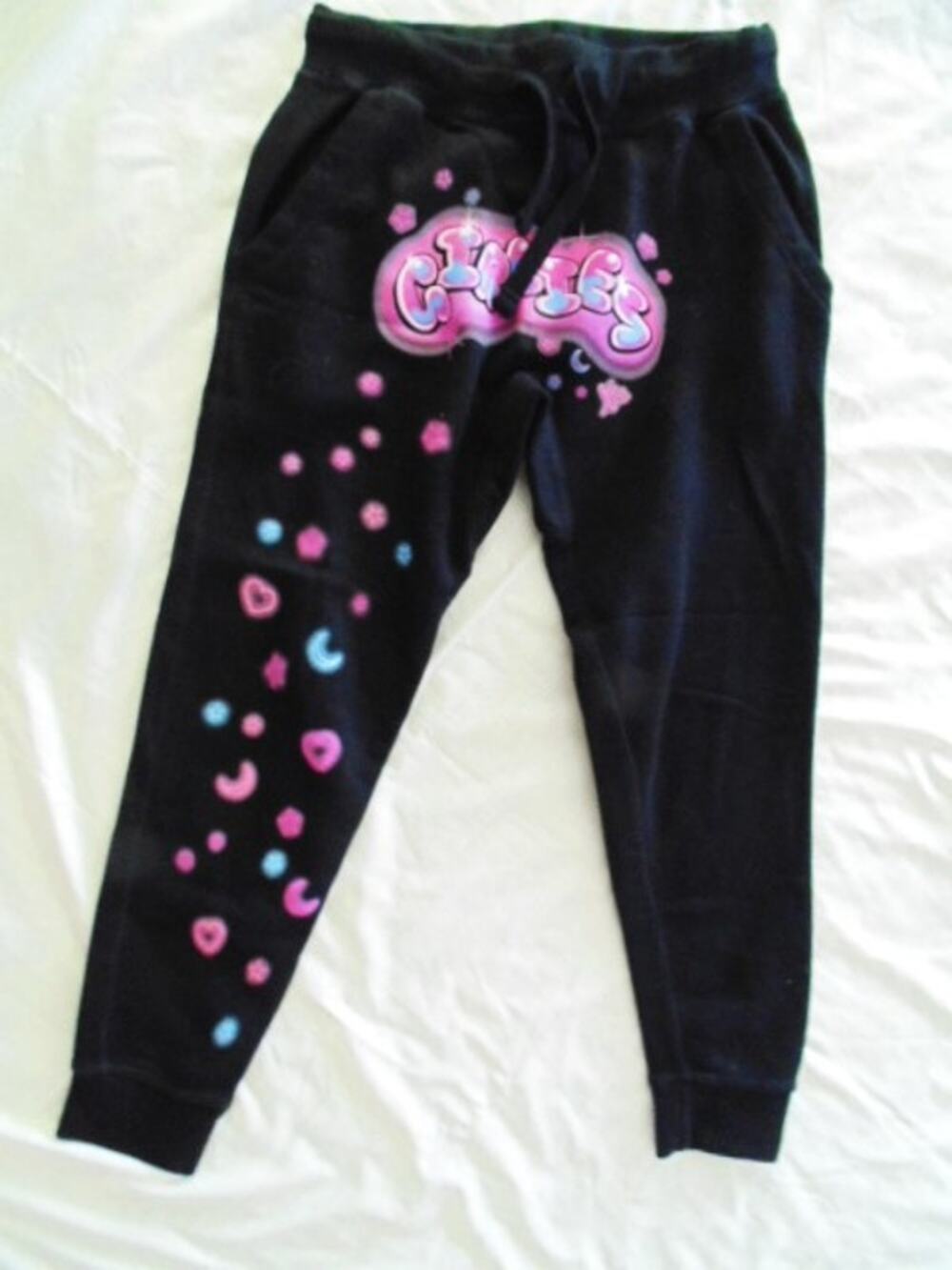 Y2K Larray Girlie Black Sweatpants Womens M Unique Hand Painted Pink Hippie New